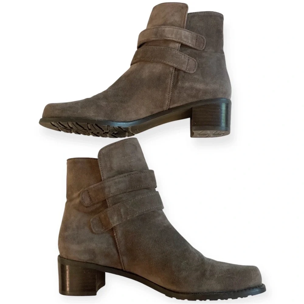 Stuart Weitzman Strapduo Ankle Boots Brown Suede Leather Buckle U256693 Size 9
